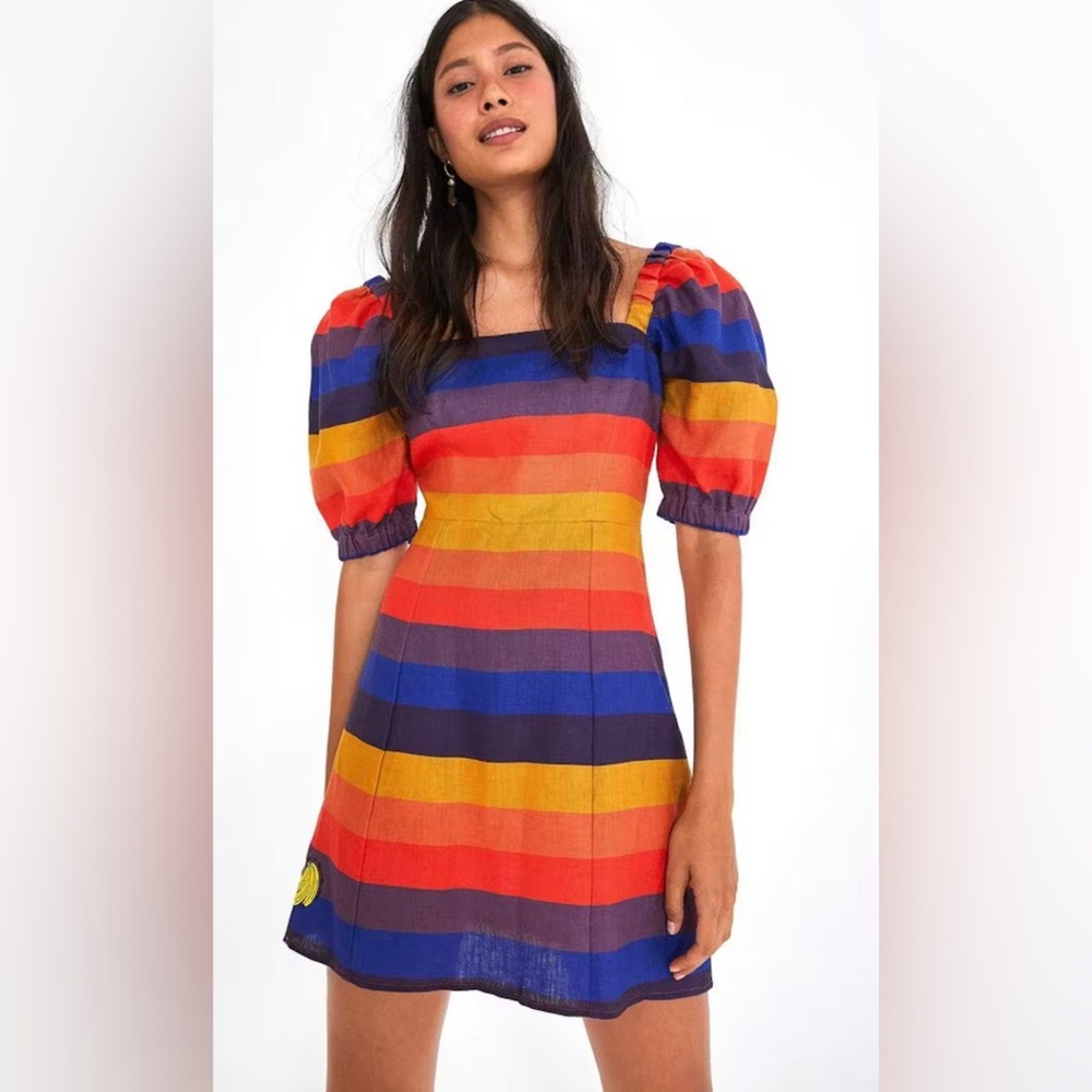 Farm Rio Rainbow Striped Puff Sleeve Linen Dress Large